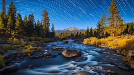 Obraz premium A serene landscape featuring a river, trees, and star trails over a mountain at night.
