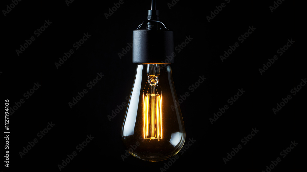 Poster vintage light bulb glowing in close-up against a dark background, creating a warm and inviting atmos