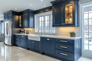 Modern navy kitchen with white quartz countertops, farmhouse sink, gold hardware, and natural light.