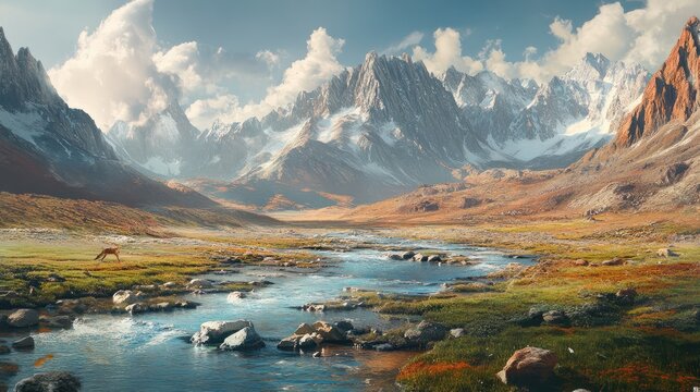 Landscape with rivers and mountains. Miyar Valley is a remote and scenic valley in the Western Himalayas. The Lahaul Range is located between Pir Panjal and the Zanskar Range in Himachal Pradesh.