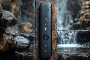 Smart lock allows remote access in a modern, outdoor setting with natural elements