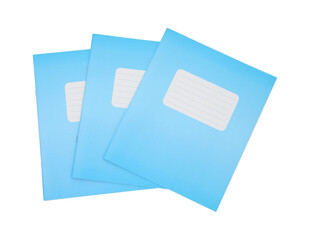 Blue copybooks isolated on white, top view. School stationery