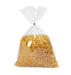 Plastic bag with pasta isolated on white