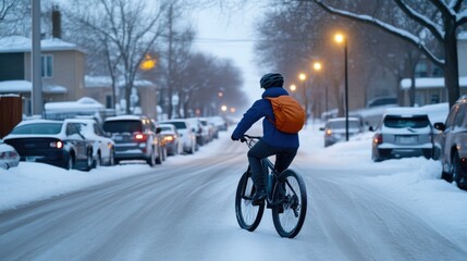 Obraz premium Pedaling Through Winter Streets at Twilight