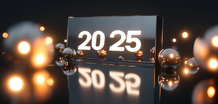 A sleek mirrored surface reflecting 2025surrounded by glowing orbs of light