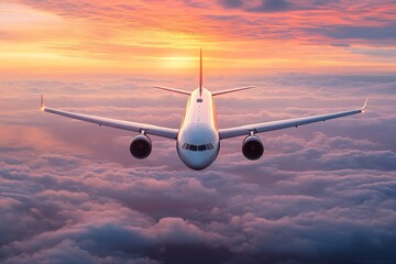 Airplane flying at sunset amidst colorful clouds