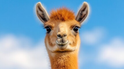 Obraz premium A close-up of a llama with a playful expression against a blue sky.