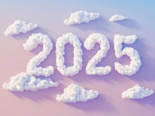 Naklejka premium A soft pastel gradient sky with clouds spelling out 2025in fluffy white formations