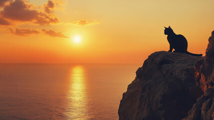A silhouette of a cat against a vibrant sunset over the ocean.