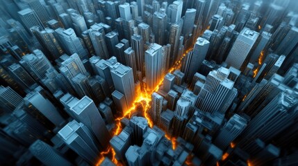 Fototapeta premium Dusk Glow Over City as Tectonic Plates Rip Apart