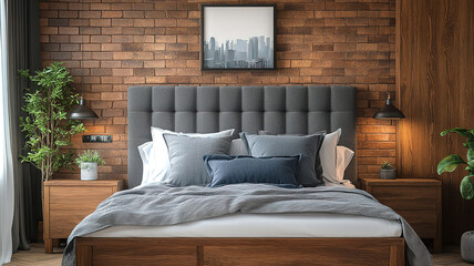 Rustic modern bedroom with wooden drawer nightstand and brick wall