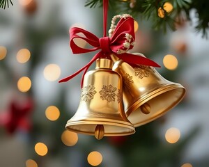 Golden Bells with Red Ribbon on Christmas Tree