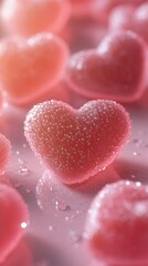 Obraz premium Close-up of pink strawberry-shaped and heart-shaped gummies coated in fine sugar crystals, showcasing their soft texture, vibrant color, and sparkling details in a scattered arrangement.