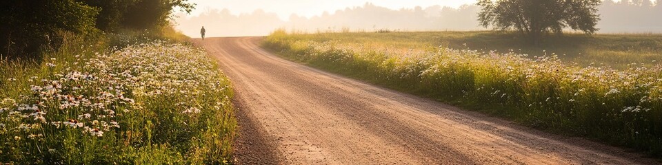 Naklejka premium Serene country road in misty golden sunrise