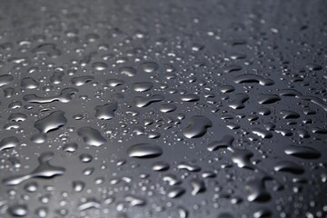 Water drops on grey glass surface, closeup