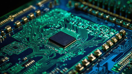  A circuit board glowing in shades of blue and green with intricate details
