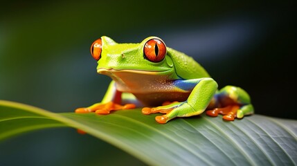 Naklejka premium Vibrant Green Tree Frog Close-Up on Leaf with Orange Eyes in Jungle Setting