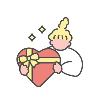 recommend clip art: ハート型のプレゼントを持つシンプルな女性イラスト