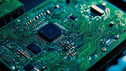  A circuit board glowing in shades of blue and green with intricate details 
