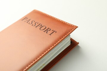 Passport in brown cover on light background, closeup