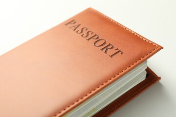 Passport in brown cover on light background, closeup