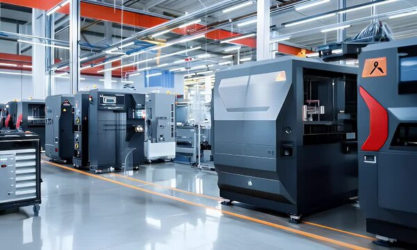 A modern industrial workspace featuring advanced 3D printers for manufacturing.