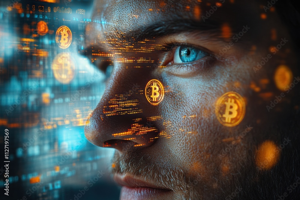 Poster Dynamic image of a man in focus, with Bitcoin tokens and abstract dollar symbols creating a futuristic background.