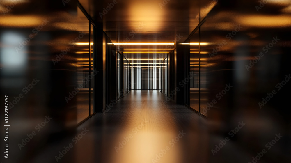 Poster sophisticated and futuristic atmosphere in an empty modern office corridor with dark glass walls and