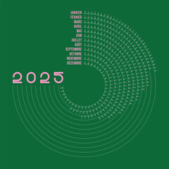 Obraz premium Calendrier 2025 en Français, Design Créatif, Forme Ronde, Modifiable et Coloré vert rose