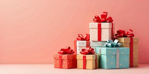 Stack of Colorful Gift Boxes with Red Ribbons Against a Pastel Pink Background