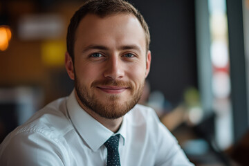 Obraz premium A smiling man in a formal shirt and tie, seated in a modern indoor setting.
