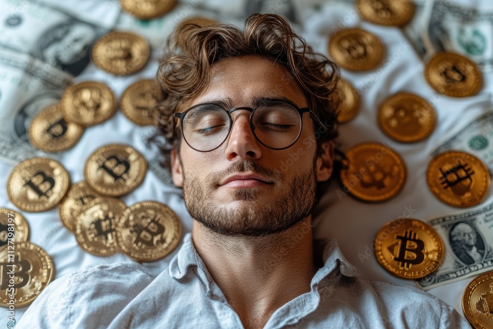 Poster dynamic photo featuring bitcoin tokens and dollar signs surrounding a professional man on a white ba