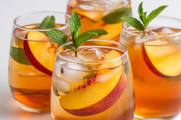 A medium shot of three glasses filled with a golden-hued iced tea