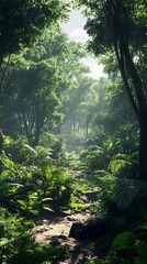 Obraz premium Lush forest path illuminated by soft sunlight, showcasing vibrant greenery and tranquility.