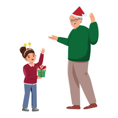 Christmas illustration. Festive scene of a girl offering a gift box to her cheerful grandfather wearing a Santa hat