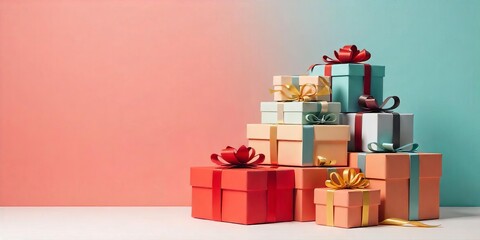 Stacked Gift Boxes with Colorful Ribbons on a Dual-Tone Background