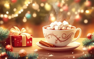 Fototapeta premium A cup of steaming cocoa with marshmallows and cinnamon on christmas background