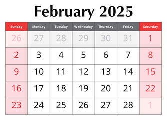 Calendar for February 2025. Design vector illustration. English page of winter month