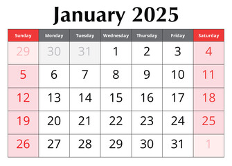 Calendar for January 2025. Design vector illustration. English page of winter month