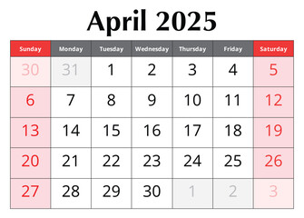 Calendar for April 2025. Design vector illustration. English page of spring month