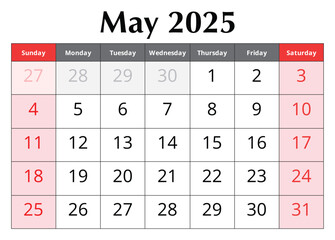 Calendar for May 2025. Design vector illustration. English page of spring month