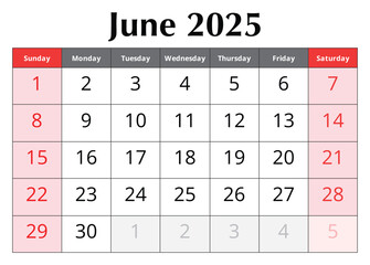 Calendar for June 2025. Design vector illustration. English page of summer month