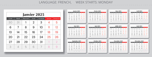 2025 year french calendar with pages of months. Vector paper page illustration set for France