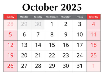 Calendar for October 2025. Design vector illustration. English page of autumn month