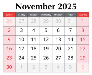 Calendar for November 2025. Design vector illustration. English page of autumn month