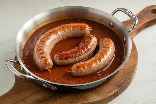 A photo of roasted sausages stewed in gravy