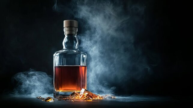 Shattered whiskey bottle spilling amber liquid into a smoky void