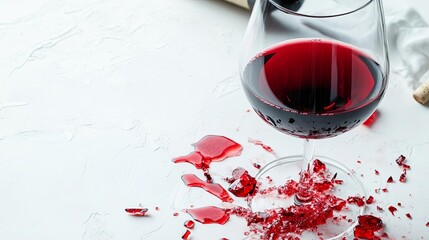 Shattered wine glass spilling vibrant red liquid in dramatic splashes
