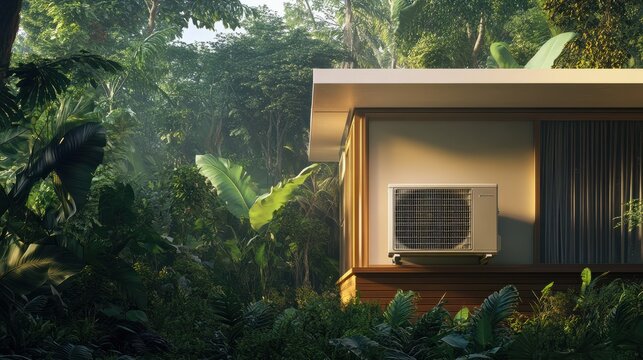 Modern air conditioning unit placed outside a home amidst lush greenery, showcasing energy-efficient cooling solutions for comfortable living.