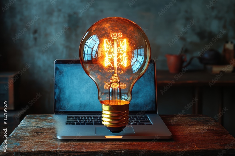 Poster dynamic photo of a glowing bulb floating over a laptop, ideal for tech-inspired advertising.